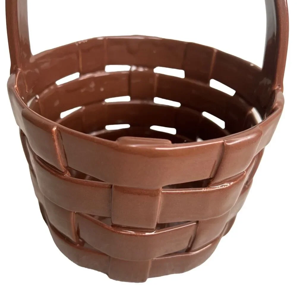 Vintage Italian Woven Ceramic Cache Pot Brown Basketweave Planter Basket Italy